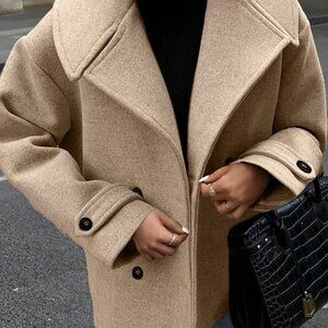 Khaki Casual Women's Double-Breasted Long Sleeve Loose Wool Coat